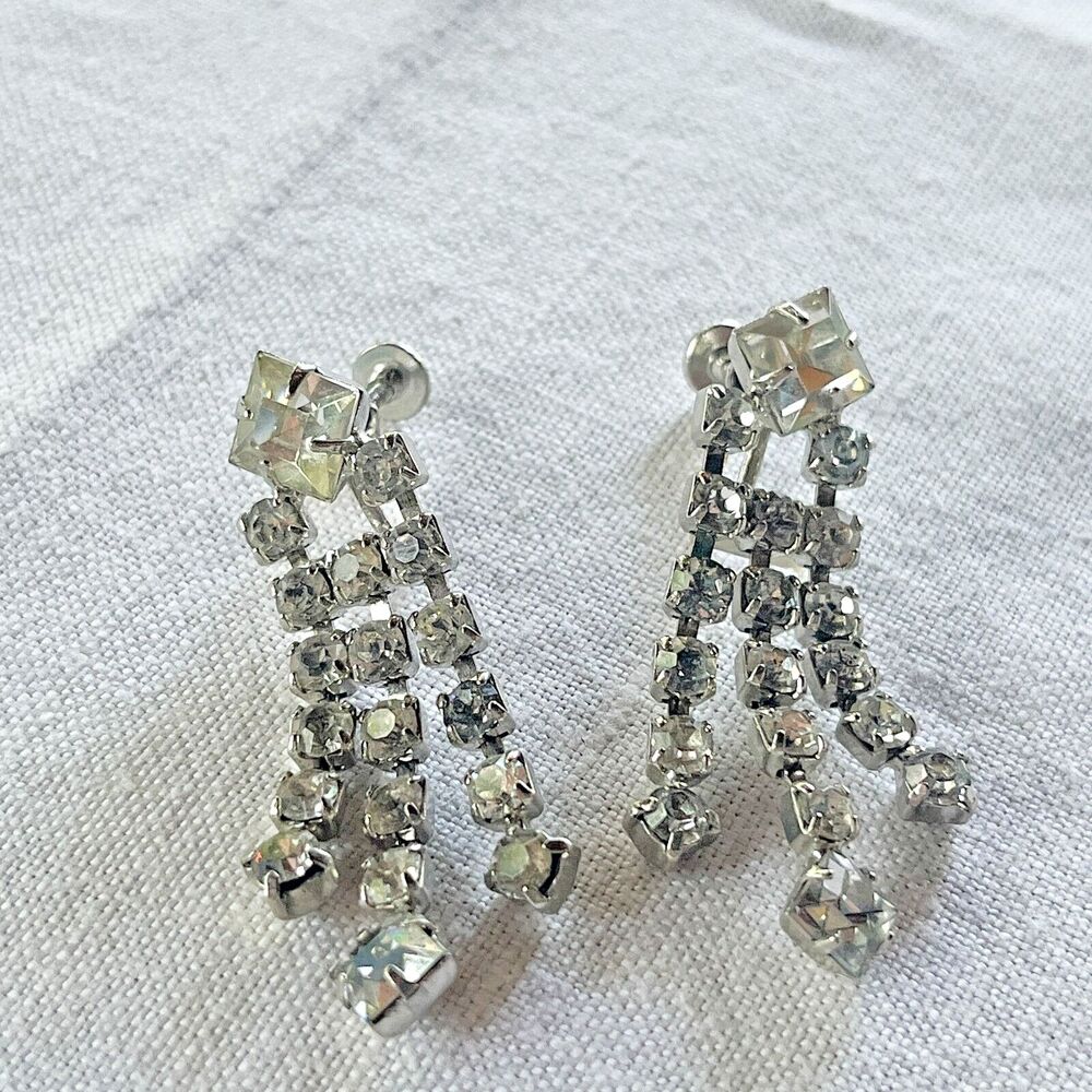Vintage Crystal Rhinestone Dangle Clip On Earrings Silver Tone Bridal Glam Deco
